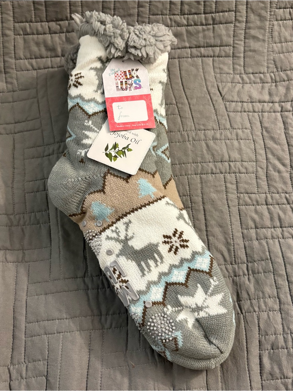 Cozy Fair Isle Reindeer Slipper Socks - Gray, Cream & Tan